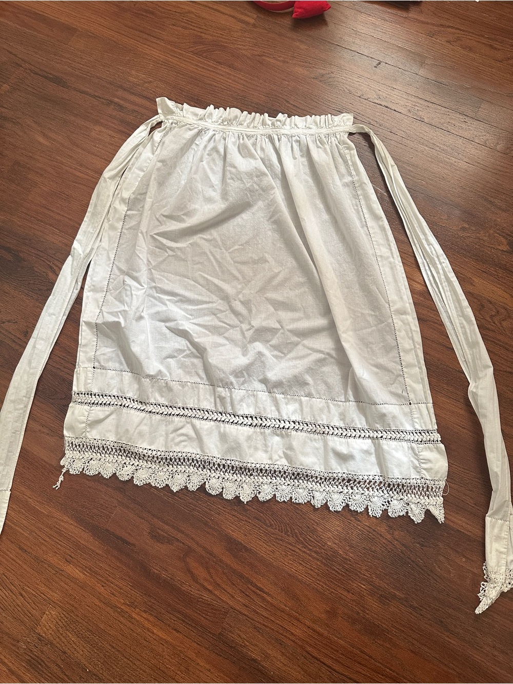 19th Century White Linen Apron with Hand Crocheted Trim and Lace Band Length 32”